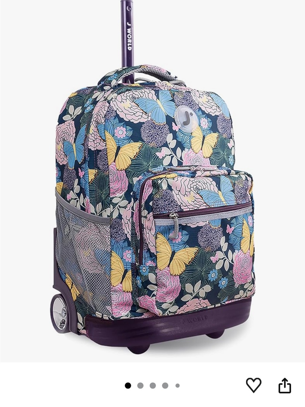 Rolling Backpack with Butterfly Floral Print - Purple Accents - Picture 6 of 6